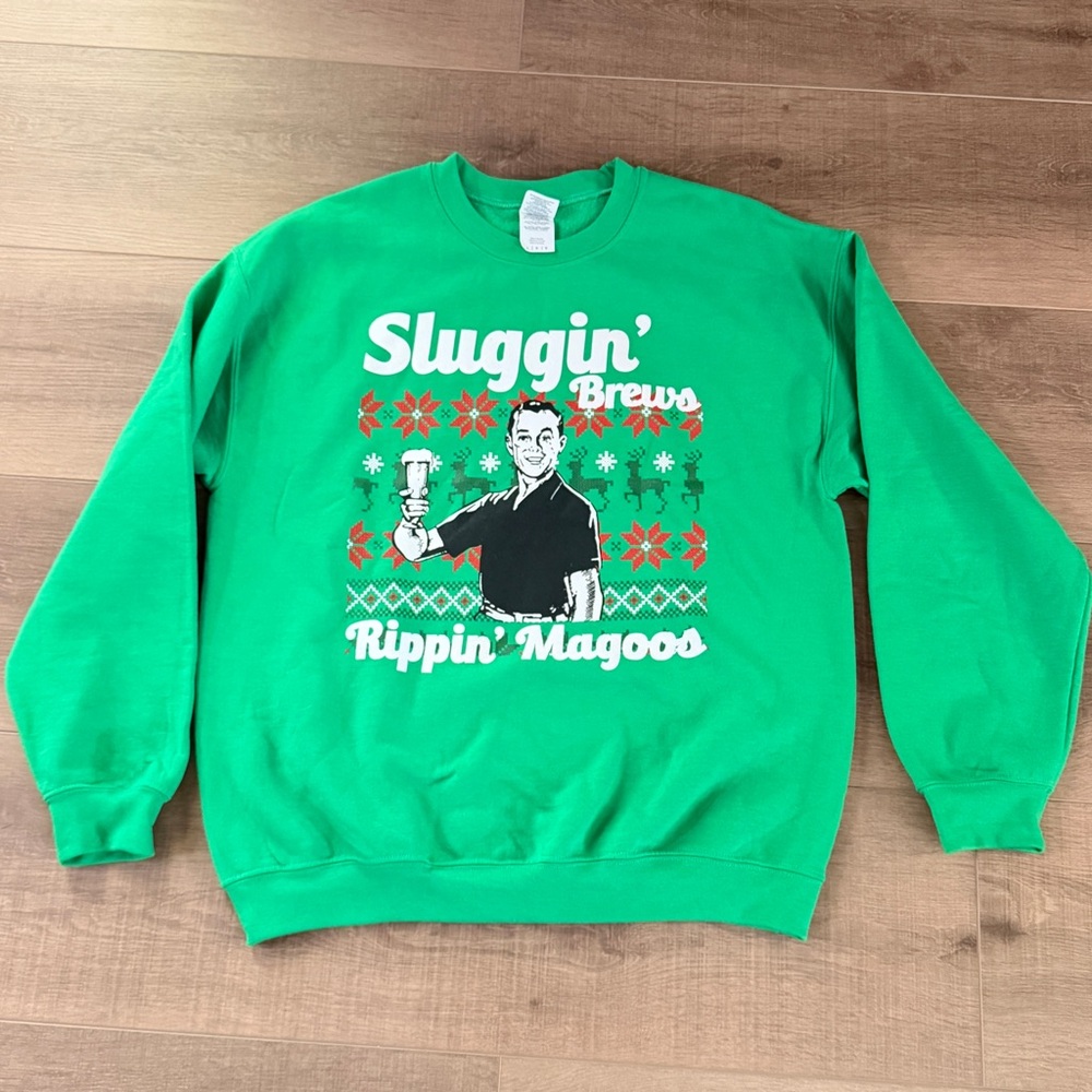 Green Sweatshirt Sluggin Brews Rippin Magoos Beer Ad Unisex Sz Large Fun Gag New
